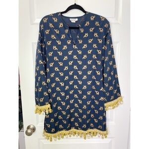 Boutique Lexi York 100% Cotton Elephant Print Shift Dress w/Ornate Pompom Tassel